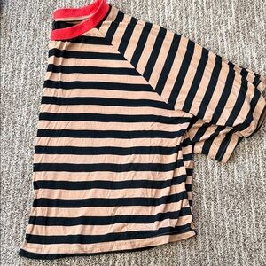 Striped Short-Sleeve Tee in Tan & Black with Red Neckline